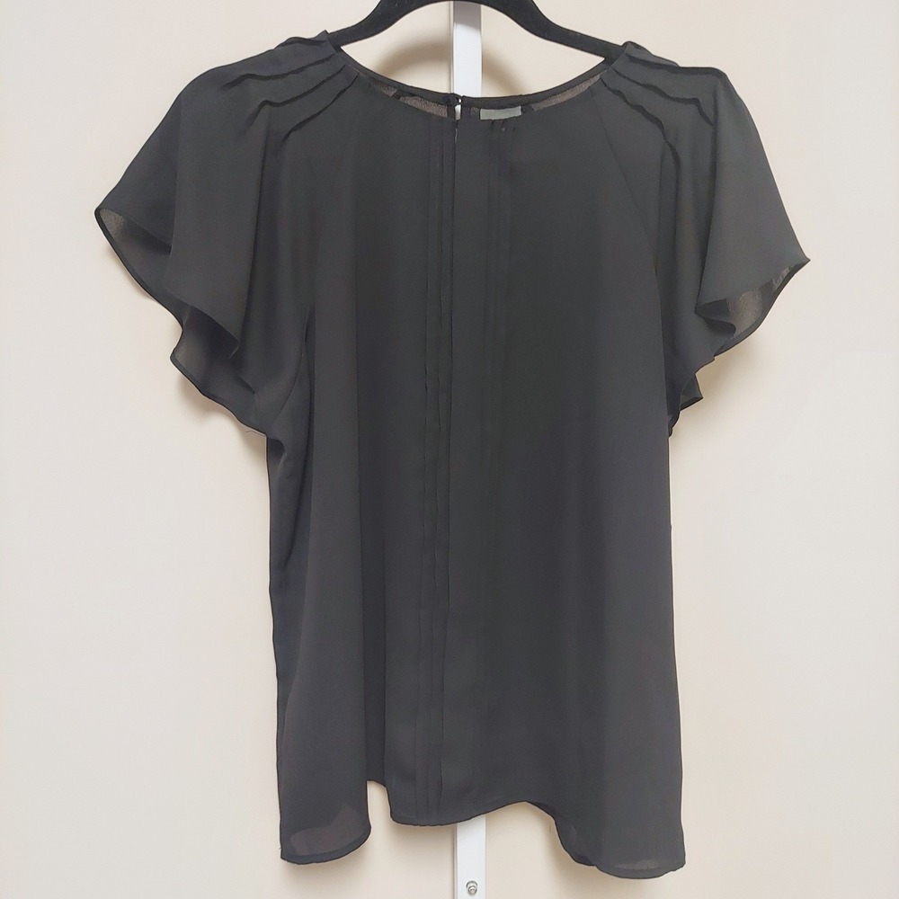 Worthington Black Sheer Flutter Sleeve Keyhole Back Blouse PL Whimsigoth Goth